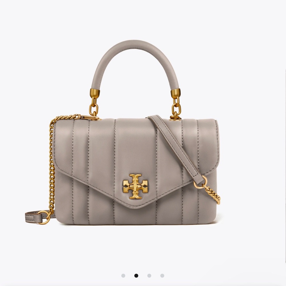 Tory Burch MINI KIRA TOP-HANDLE BAG Taupe Crossbody Bag with Gold Accents
